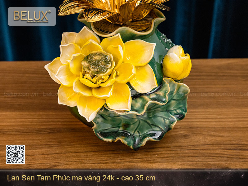 Chậu Lan Sen Tam Phúc mạ vàng 24k cao 35cm&nbsp;